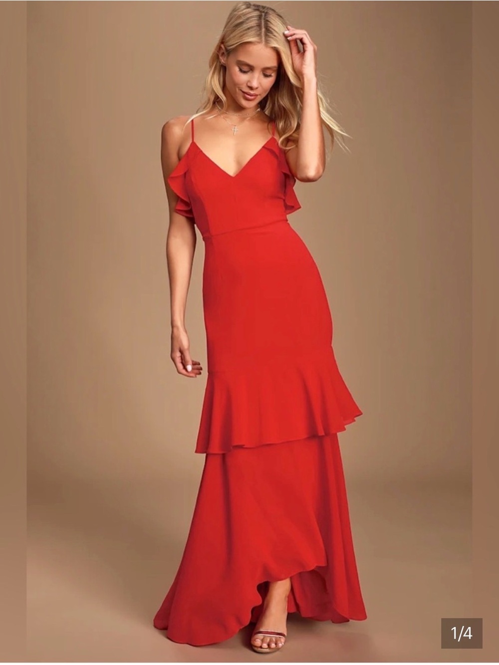 NWT Lulu's Red Shoulder Ruffle Gown - Picture 2 of 6